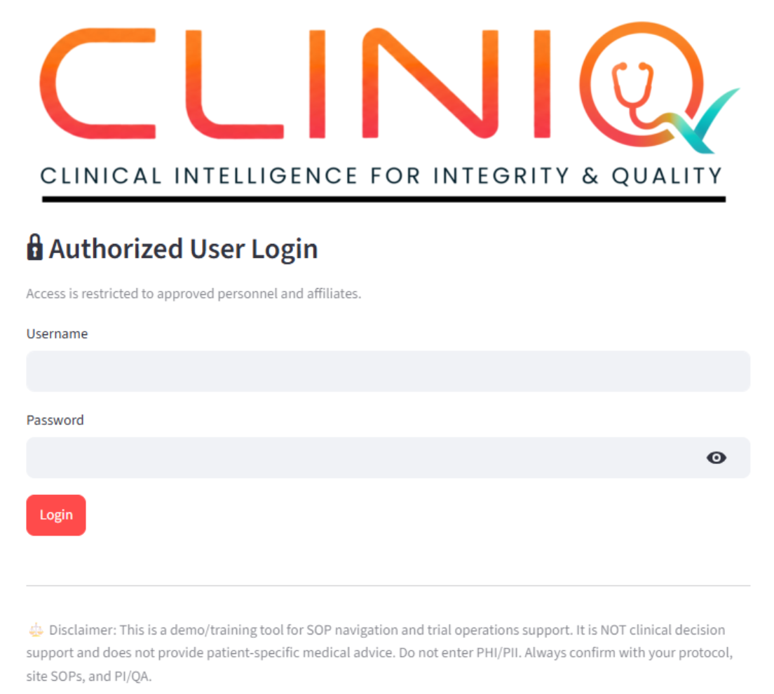 CLINIQ prototype authorized user login screen